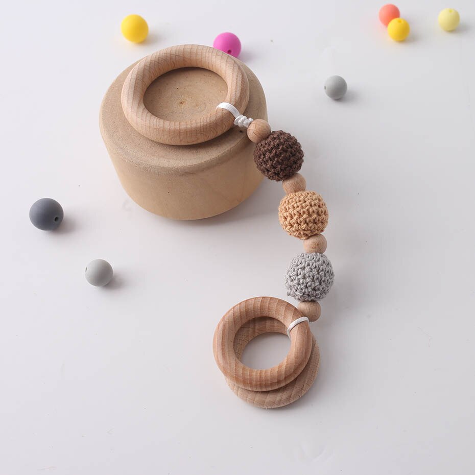 1pc Brown Series Crochet Beads Teether Rattle Toys Teething Beads Soother Chain Interactive Toys Nurse Wooden Teether