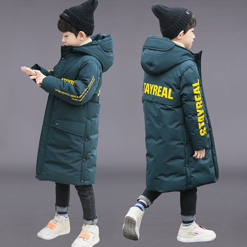 Russia Snowsuit Winter Boys Long Over-Knee Coat Clothes Waterproof Windproof Outdoor Thicken Hooded Parka Jacket For Kids: Green / 10-11T