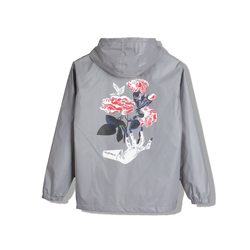 PRIMAVERA/otoño mano flores hombres cortavientos chaqueta reflectante casual hip hop harajuku streetwear noche brillante Abrigo con capucha