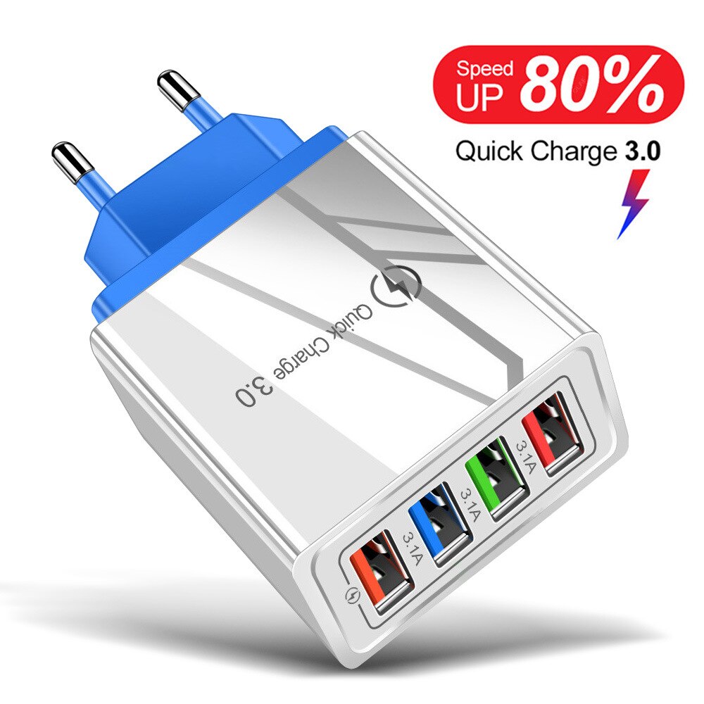 Utile 4 USB di Ricarica Rapida 3.0 del Caricatore del USB per Huawei Compagno di 30 Samsung S10 A50 tavoletta CONTROLLO di QUALITÀ 3.0 di trasporto Veloce Della Parete caricabatterie Spina di UE Adapte: blu
