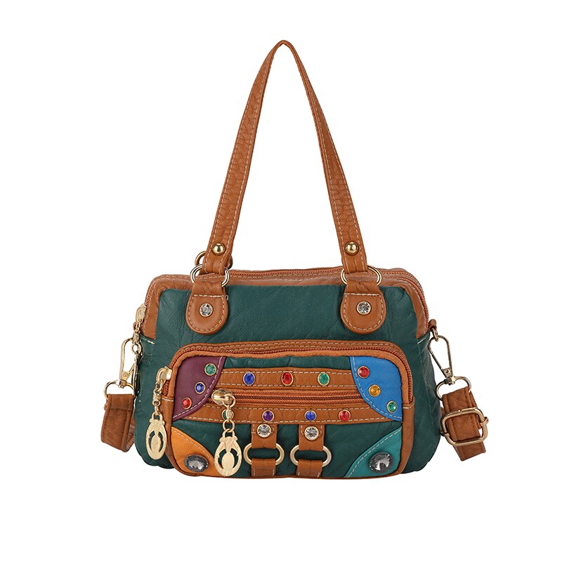 Pu Leather Multicolor Optional Shoulder Bag Ladies Crossbody Messenger Bag Ladies Rivet Soft Package Patch Multi-pocket: bottle green