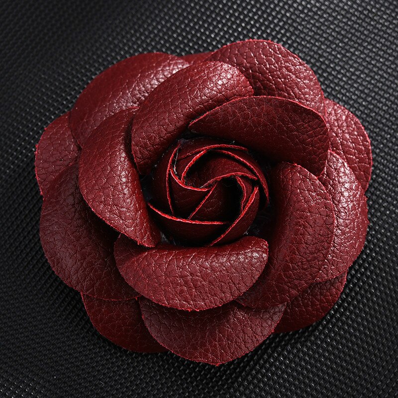 coreano hecho a mano PU cuero Camelia flor broche botón solapa Pin joyería broches ramillete para las mujeres Accesorios: Wine red