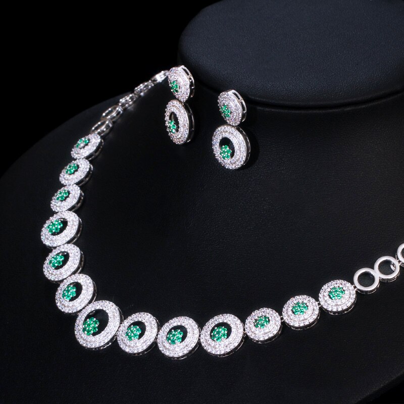 CWWZircons vert cubique Zircon pierre grandes boucles d'oreilles rondes et collier de ensemble de bijoux de mariée accessoires de fête de bal T444
