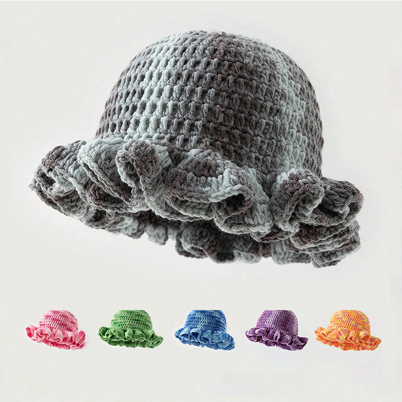 Colorful Crochet Ruffle Brim Knit Bucket Hats Winter Woman Handmade Stretch Fisherman Cap Outdoor Warm Windproof Beanie Hat