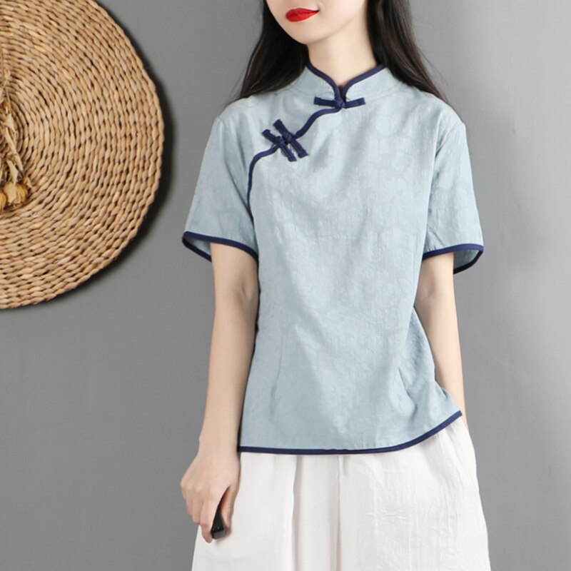 Qipao chino tradicional para mujer , top de algodón de manga corta y lino, tops de hadas hanfu, camisa tang vintage de encaje chino: color3