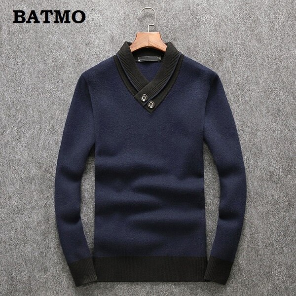 Batmo Herfst 90% Wol Casual Trui Mannen, Mannen Marine Blauw Truien 006: navy blue / Xl
