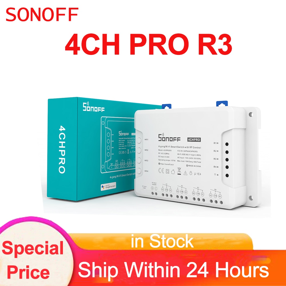 Sonoff 4CH Pro R2, Smart Wifi Switch 433MHz RF Wifi Light Switch 4 Gang 3 Working Modes Inching Interlock Smart Home With Alexa