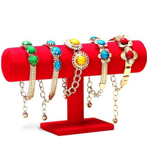 Portable Velvet Bracelet Bangle Necklace Jewelry Display Stand Holder Watch Jewelry Organizer T-Bar Rack: One red