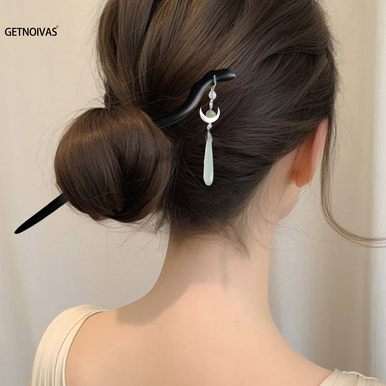 Palillos de pelo de madera de estilo chino Vintage para mujeres y niñas, horquilla con borla de Luna, Clip para el pelo, tocado Hanfu, joyería, accesorios para el cabello