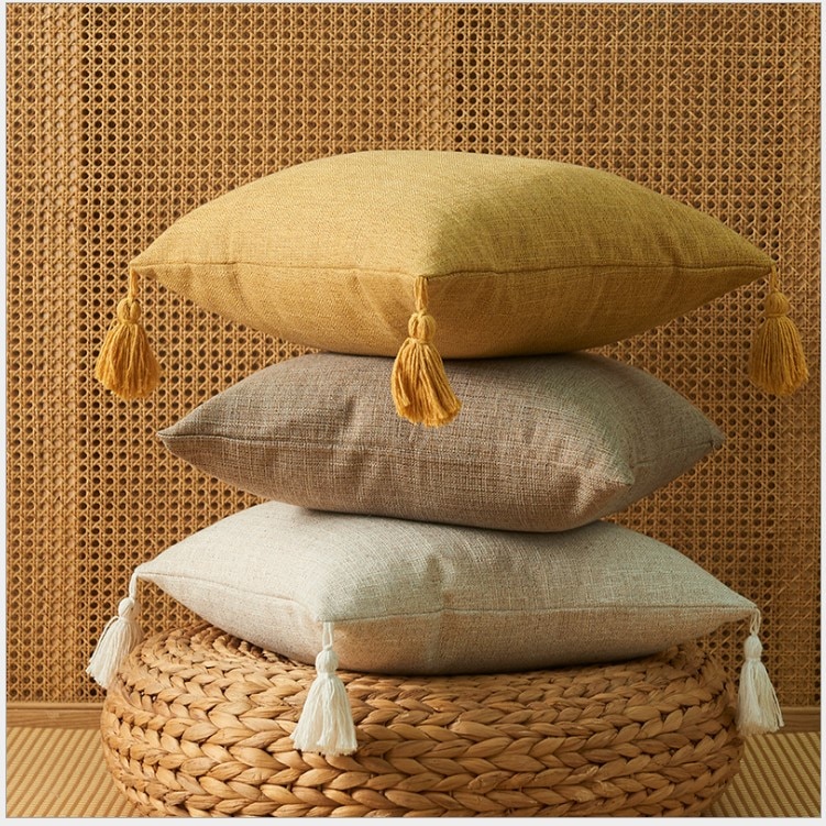 Massivt almindeligt bomulds pudebetræk med kvaster gul beige boligindretning pudebetræk 45 x 45cm pudebetræk sofa pudepude