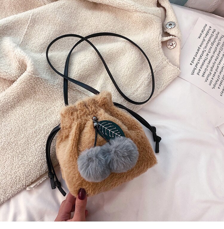 Women Ladies Handbag Cute Fur Cherry Apliques String Bag Messenger Bag Crossbody Bag Shoulder Bag