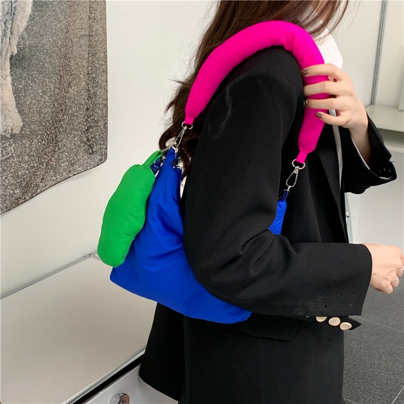 Mode Vrouwen Kleine Portemonnee Handtassen Kleur Contrast Nylon Vrouwelijke Crossbody Tas Klein Blauw Ruimte Gewatteerde Dames Schoudertassen
