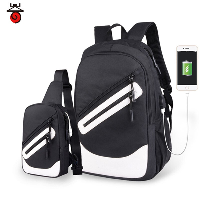 2pcs Bag Set Boys School Bags Waterproof Large Backpack Teenagers Bagpack High School Backpack for Boy Girls Student Chest Bag: Black-white