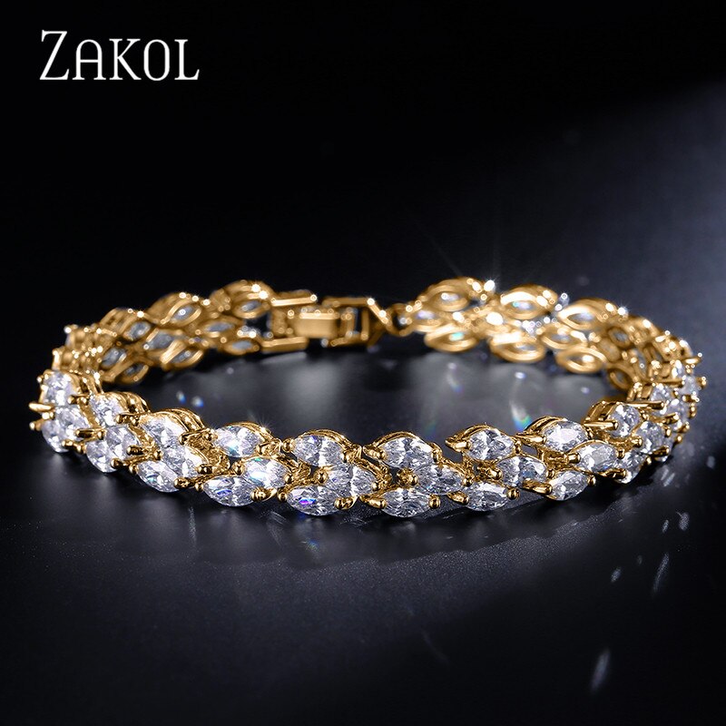 Zakol na moda casamento romano pulseiras marquise corte claro zircão cúbico folha pulseiras & bangles para festa feminino fsbp130