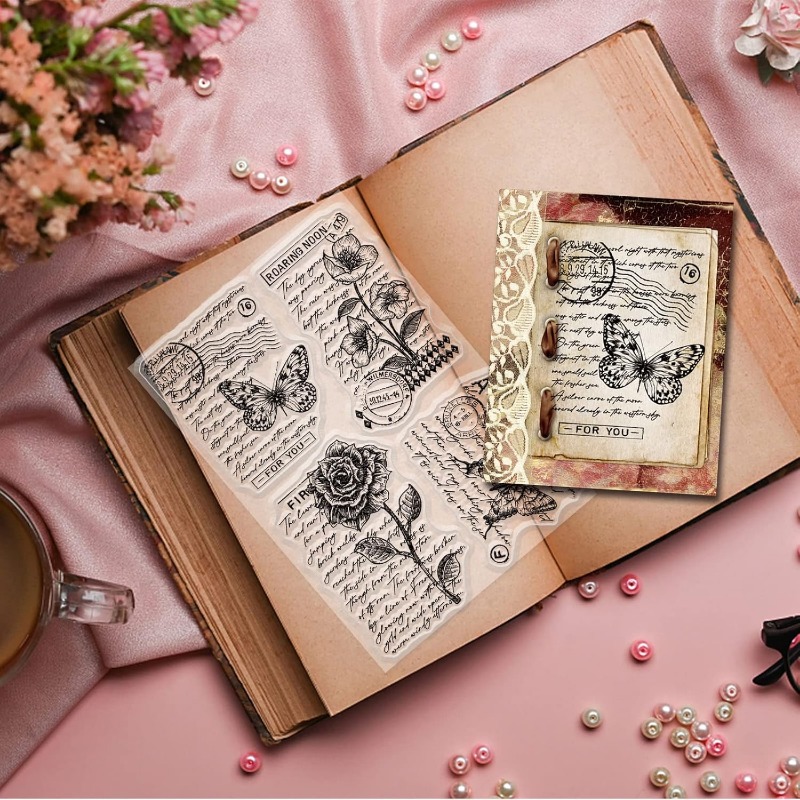 1 Vel Vintage Bloemen Duidelijke Stempel Art Woorden Transparante Siliconen Stempel Vlinder Rose Rubber Stempel voor Scrapbook Journal Card