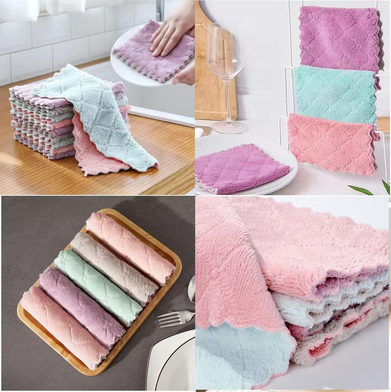 Super Absorbent Microfiber Towel Kitchen Cleaning Cloth Non-stick Oil Dishcloths Double Layer Washing Cloths Rags Scouring Pads