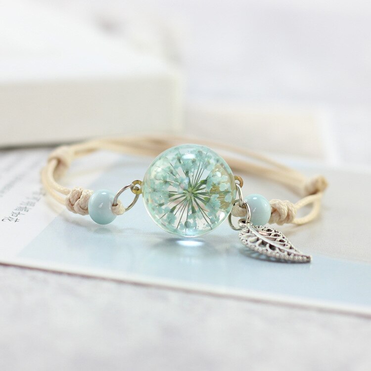 LKO Glass Bracelet Weave Lucky Flower Bracelets Handmade Dandelion Woven Dried Flowers Glass Beads Bracelet Women Jewelry: green