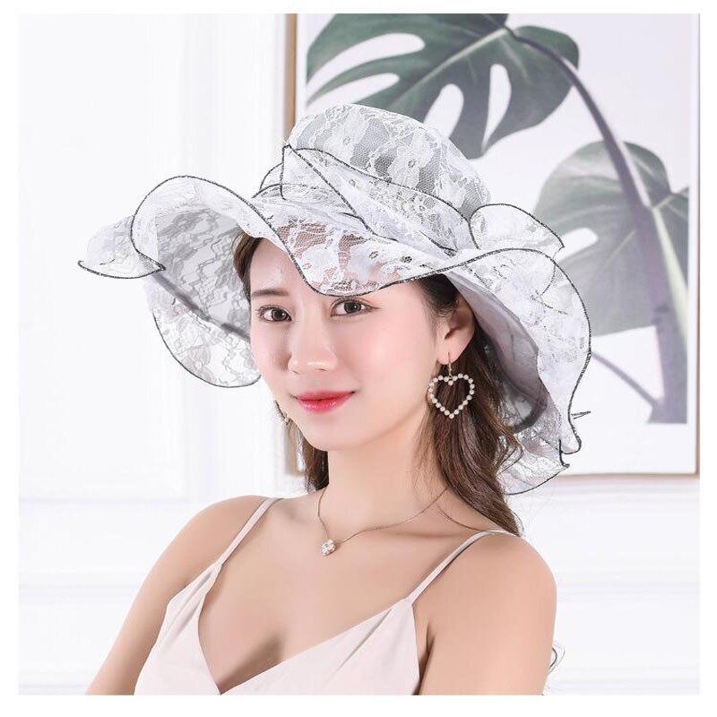 Sommer kvinder floppy solhue med blonder netgarn bredt store skygge blonder hætter strand uv beskyttelse hatte