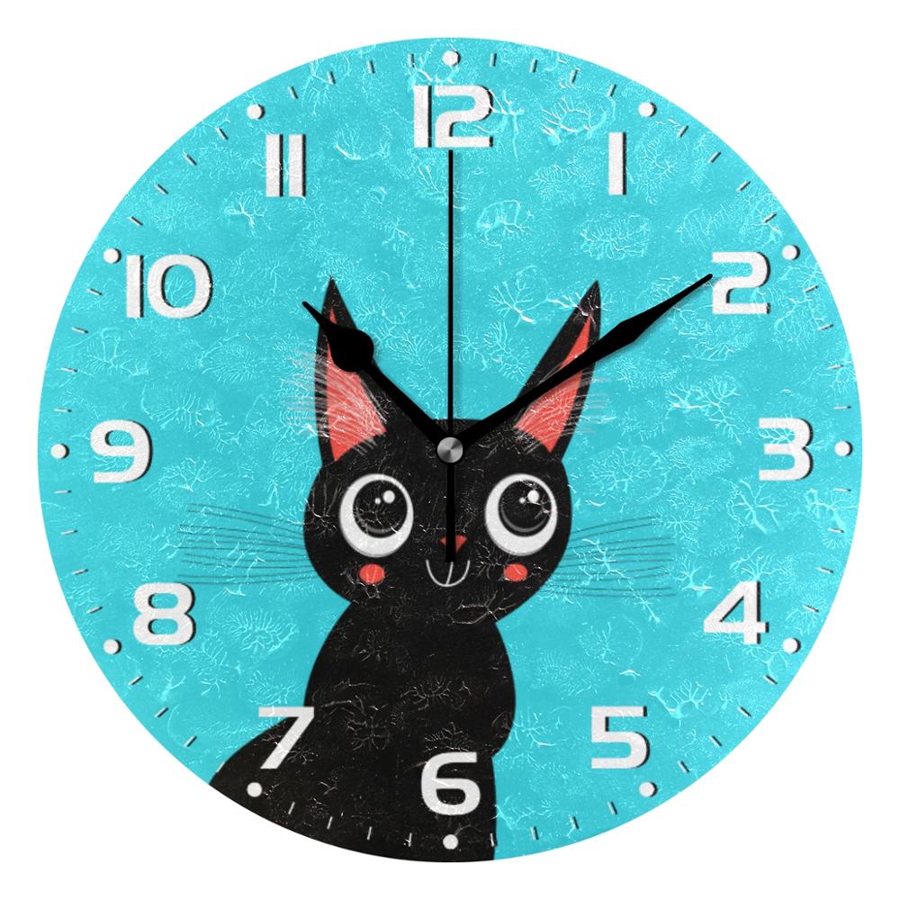 25cm Round Cat Face Hanging Wall Clock DIY Non Ticking Silent Wall Watch for Living Room Quiet Desk Clock Relogio De Parede: item 4 Black Needle
