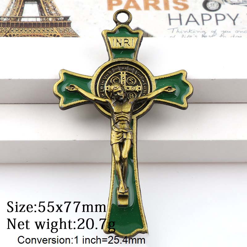 Kleurrijke Enamel Jesus Kruisbeeld Dubbele Gelijkspel Kruisen Charms INRI Benedictus Crucifix Hangers Voor Hangers Ketting: GREEN