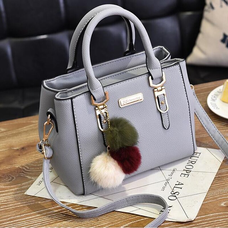 Women Furry Ball Multifunction Pu Leather Waterproof Handbag Simple Women's Large Capacity Diagonal Bag: light grey