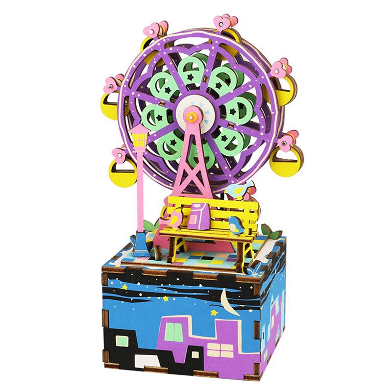 Kinderen Onderwijs Speelgoed Diy 3D Houten Carrousel Reuzenrad Puzzel Game Montage Draaibare Muziekdoos Speelgoed Cadeau Voor Kinderen Volwassenen