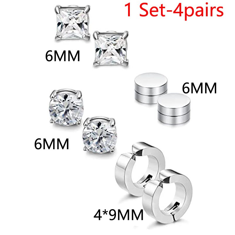 Juego de 4 pares de pendientes de acero inoxidable para hombre y mujer, tachuelas magnéticas sin perforación, CZ, Color acero de 6MM: As shown in a set