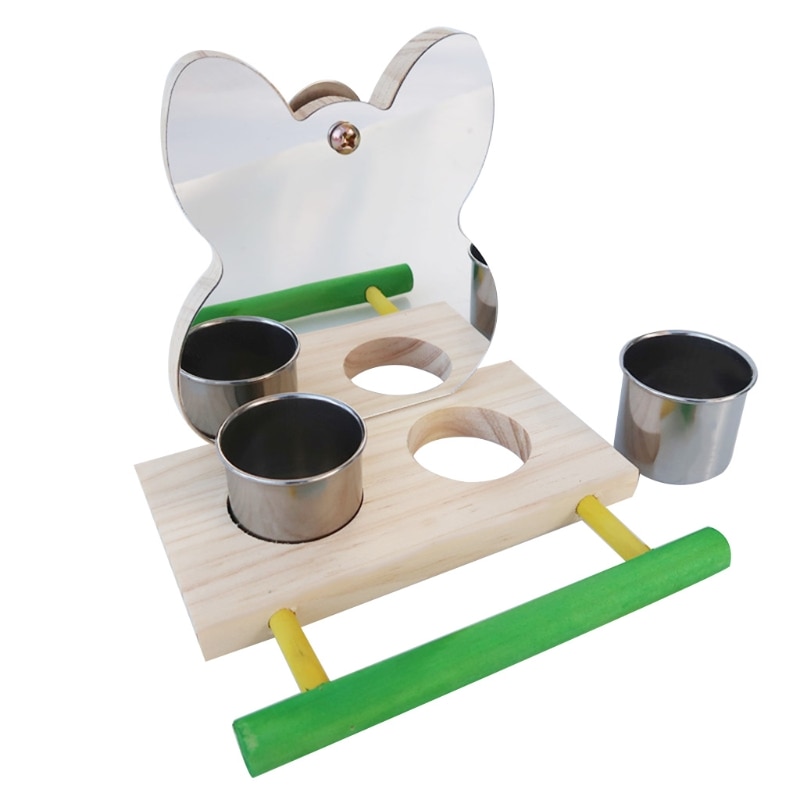 Parrot Mirror Toy with Stainless Steel Feeding Cups Bird Wooden Perch Stand for Macaw African Greys Budgies Parakeet Cockatiels