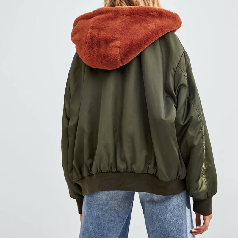Long sleeve black winter women's double-sided wearing bomber jacket jacket wild loose faux fur hooded women's jacket