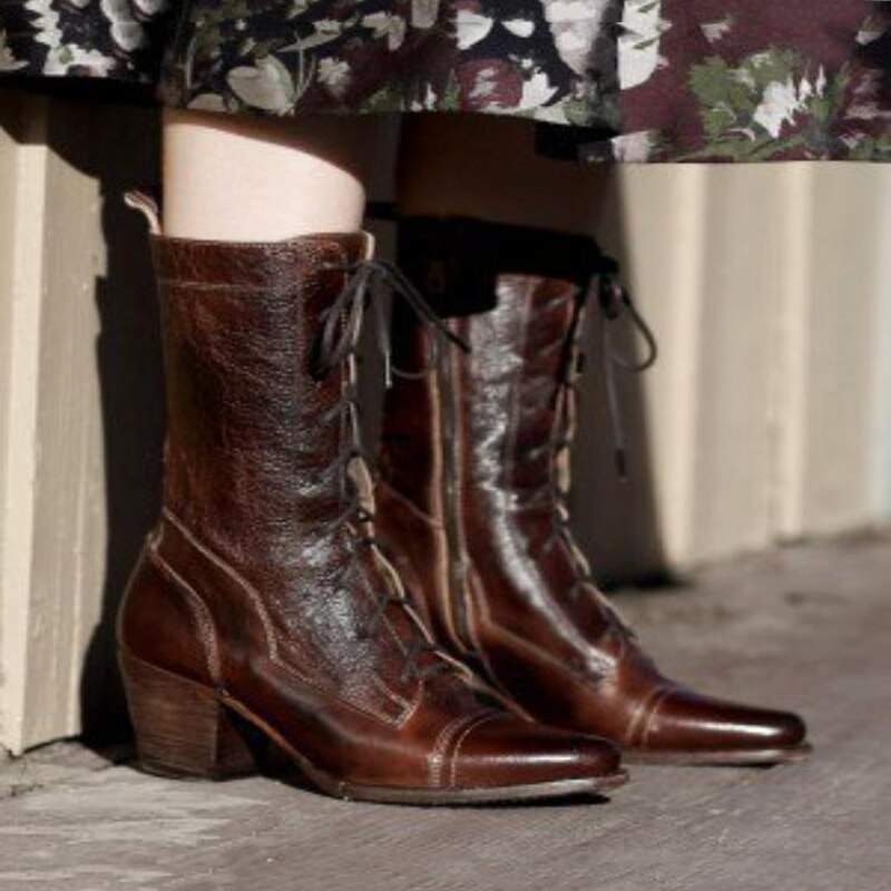 Vinterstøvler kvinder retro sko læderstøvler vintage nitter rund tå snøre midt på læg martin støvler zapatos plus str.