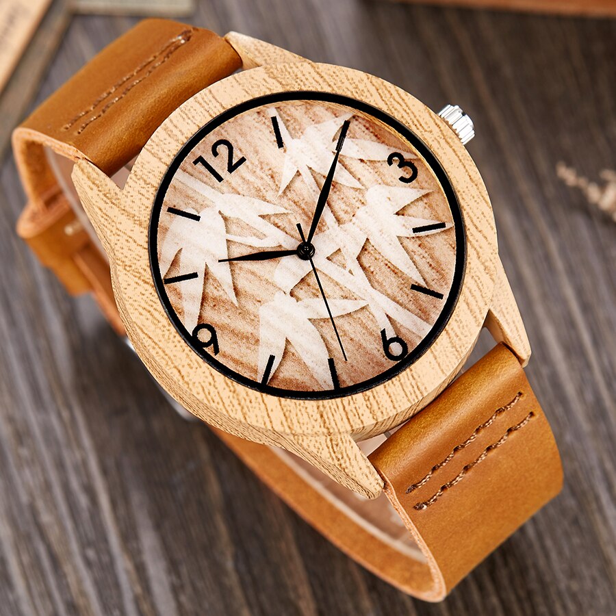 Imitatie houten horloge mannen vrouwen imitatie houten polshorloge zachte leren band mannen kwarts paar pols klok schedel bidsprinkhaan paard uur: Bamboe mannen