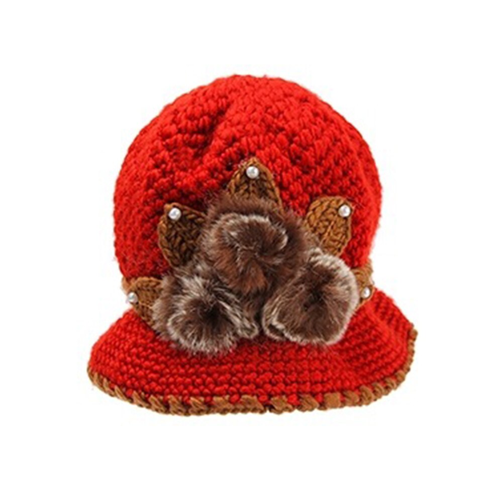 Kunstige uld tykkere hatte kvinder behagelig strikket hue blomster dekoreret kvindelig hat efterår vinter hovedbeklædning: Rød