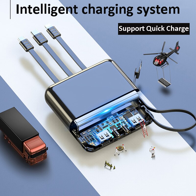 Mini Power Bank Built in 4 Cable 20000mAh Portable External Battery Charger Powerbank For Mobile Phone