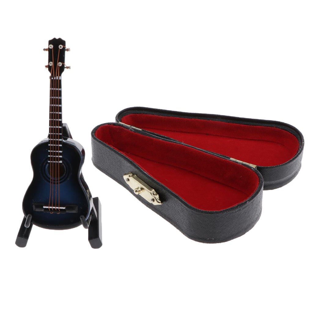 1/12 -skala miniature musikinstrument træ guitar model med stativ til dukkehus musik rum eller eventyr havedekoration: Blå