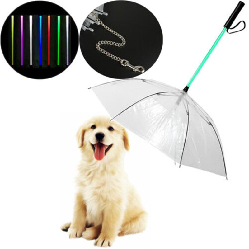 transparent Haustier Hund Katze LED Regenschirm Regen Schnee Eingebaute Leine Tragbare Welpen Trockenen