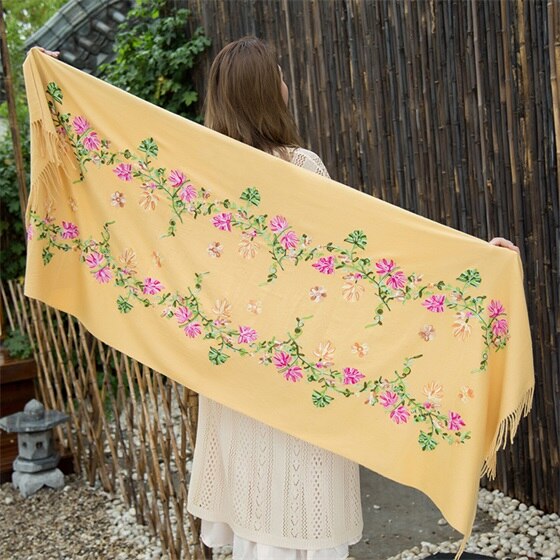 Borduren Bloemen Sjaal Vrouwen Kasjmier Katoen Viscose Sjaals Soild Plain Borduur Sjaals Moslim Kwasten Hijaabs GP02: Geel