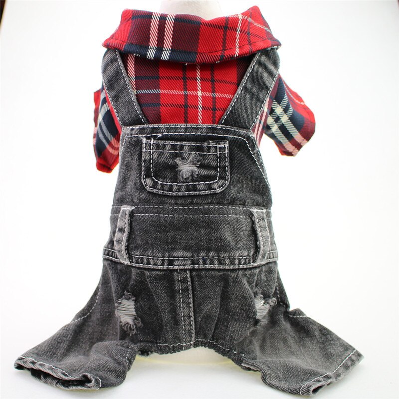 Kæledyrstøj bamse bichon hund firbenet stort plaid denim jumpsuit forår og efterår vintertøj: -en / M