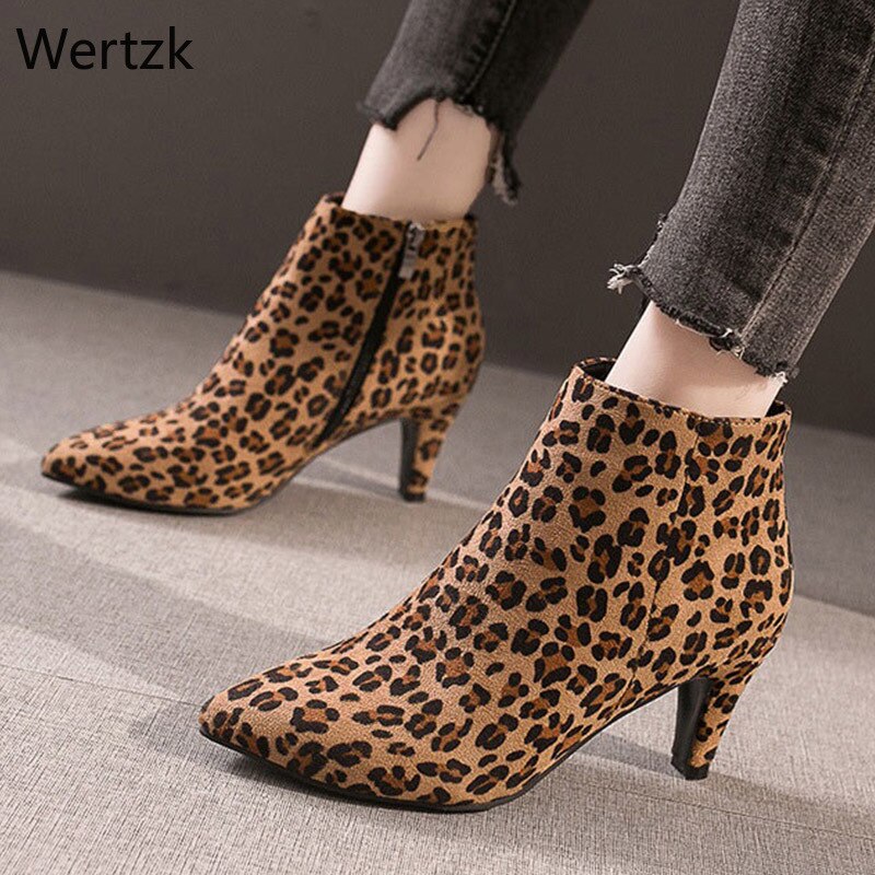 Bottines à bout pointu pour femmes, chaussures à talons hauts, fermeture éclair léopard, courtes, en peluche, décontractées, B037