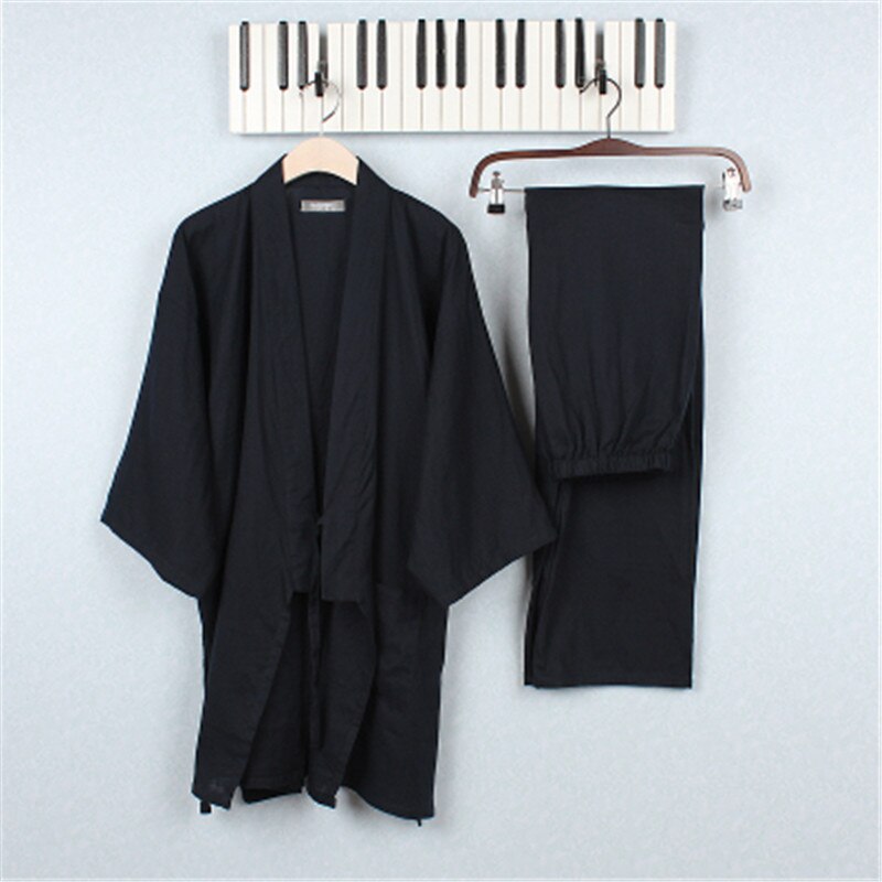 Pyjamas herr bomull kimono pyjamas dubbel gasväv svart nattkläder herr sovlounge pyjamasset herr pyjamas kimono