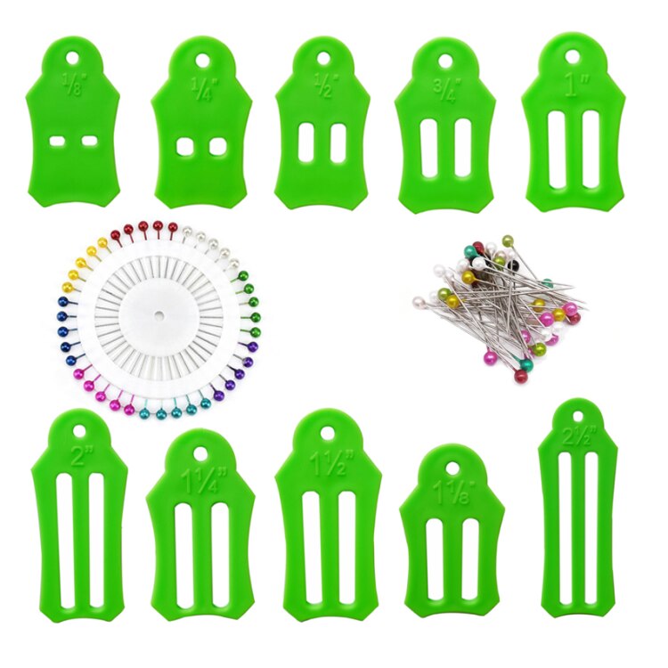 10 Stuks Multi-Maten Vouwen Stof En Vertekenende Strips Roll Tool Set Met 40 Stuks Van Multi-Kleur quilten Pins: Green kit plus pins