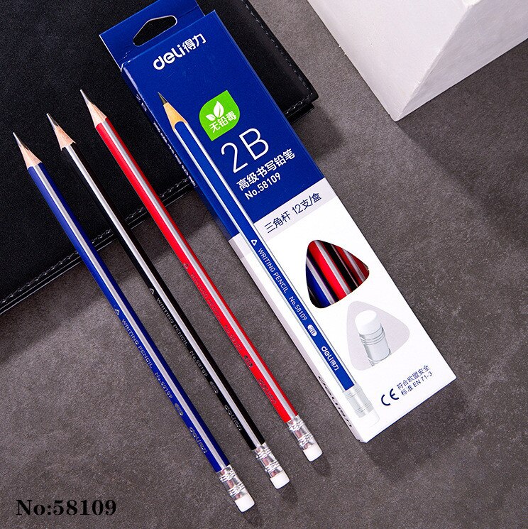 A box of Deli 2B, Hb triangular advanced graphite writing sketch pencil, with rubber head pencil, student office stationery: 2B-58109