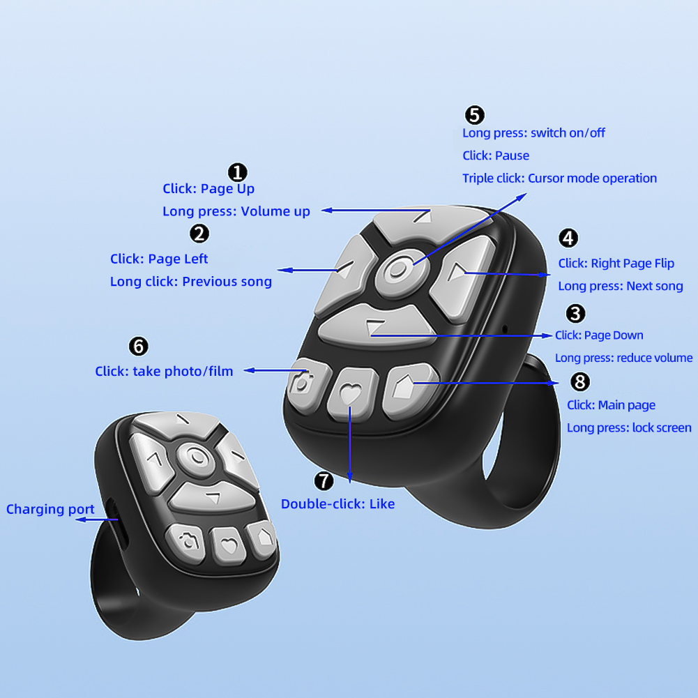 Pierścień przewijania pilota Bluetooth Przewracanie stron e-booków dla mobilnego pilota wideo Tiktok Kontroler aparatu Selfie Stick