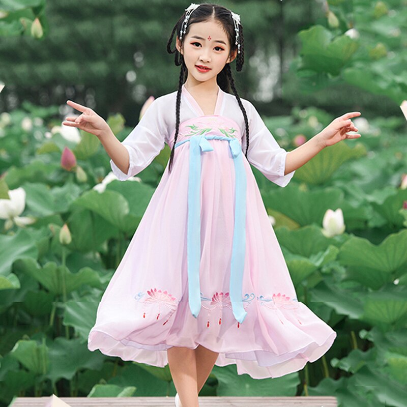 Meisjes Hanfu Chinese Oude Fee Elegante Kostuum Kinderen Chiffon Jurk Kinderen Tang-dynastie Folk Dance Stage Outfit DNV11947