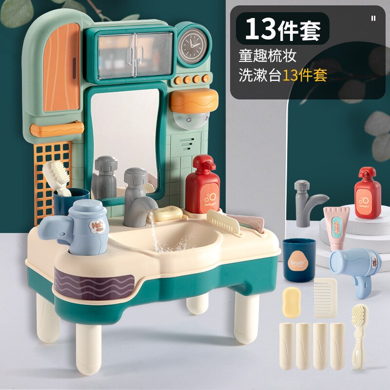 Kinderen Spelen Huis Wastafel Emulate Toy Meisje Leuke Jurk Up Tandenborstel Set Wastafel Simulatie Scène: Children s Fun Washbasin  Green  Standard Configuration Version