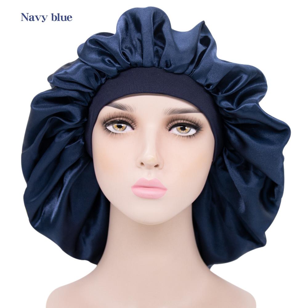 Doppel Schichten Frauen Satin Bonnet Stretch Breite-Krempe Seidige Schlummertrunk Größere Größe Dusche Kappe TB-189/190: Solid Navy Blue
