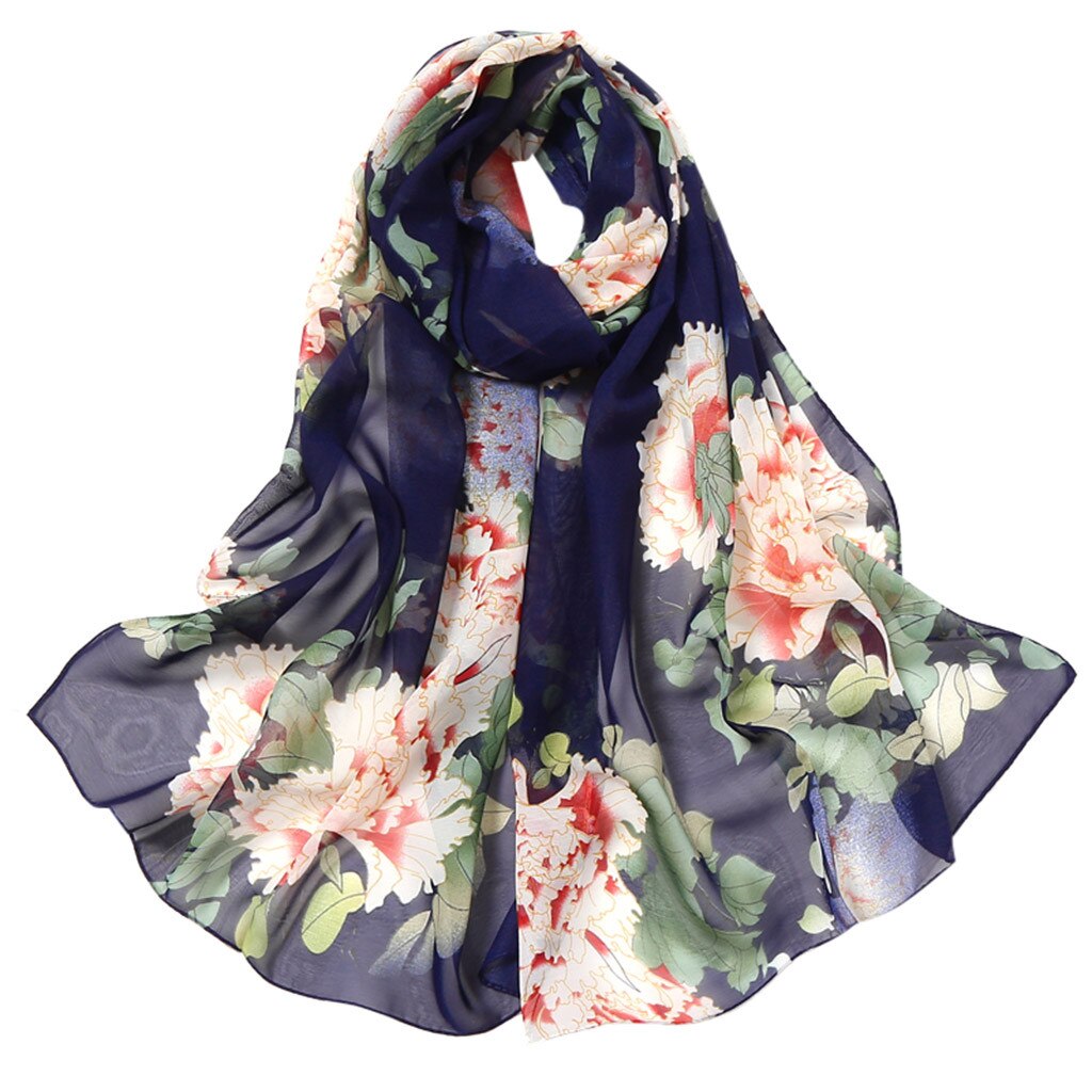 Women Silk Scarf Flower Printing Scarves Long Soft Wrap Simulation Silk Shawl Ladies Beach Scarf Shawl Bandana: Navy 