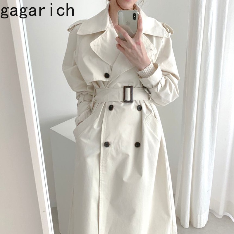 Gagarich dames trenchcoat in koreaanse stijl, chic, wit, grote revers, dubbele rij knopen, tailleband, slanke rechte lange jas, herfst
