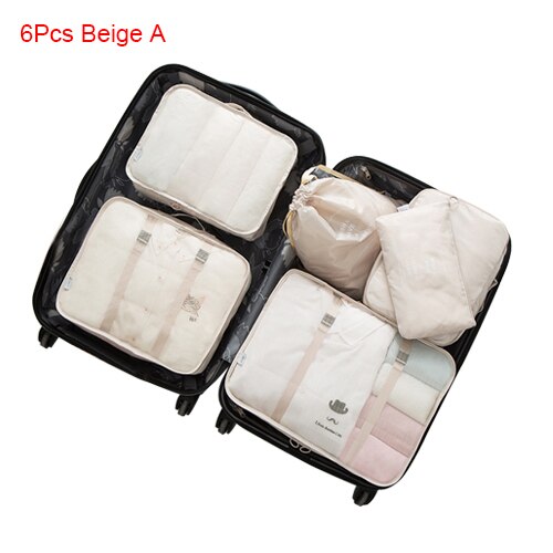 Mihawk Travel Bags Sets Waterproof Packing Cube Portable Clothing Sorting Organizer Luggage Tote System Durable Tidy Pouch Stuff: 6Pcs Beige A