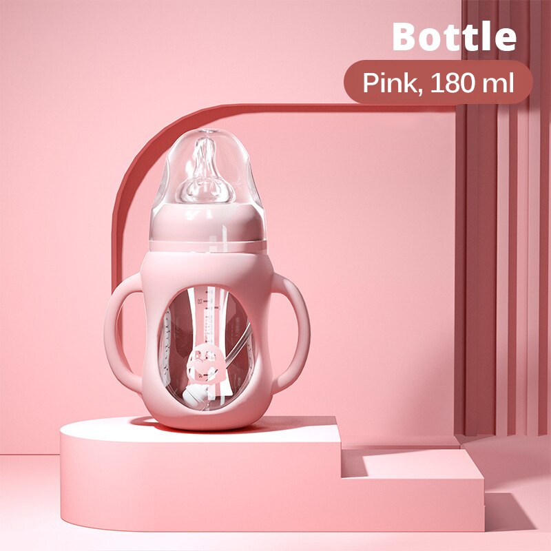 Baby flasche Glas Dual Verwenden und freundlicher Trinkbecher Flasche Griff Griff für Natürliche Breite Mund PP Glas Silikon griff: Rosa 180ML