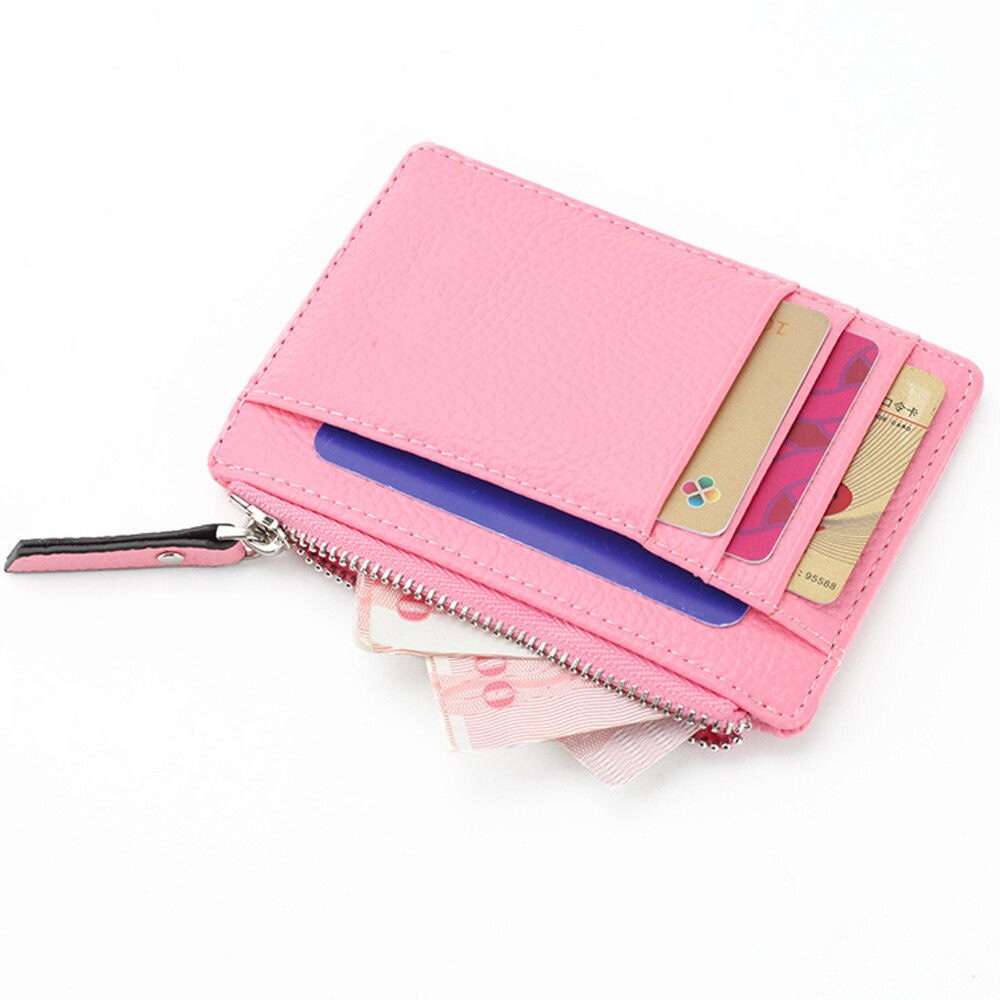 Slim Mini Wallet Zipper Card Holder Coin Purse /Women Leather Clutch Bag Handbag: Pink